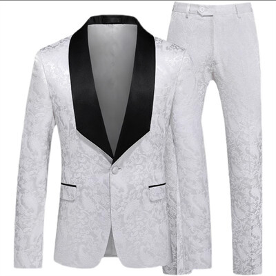 Costum Jacquard Gentleman de ultimă generație Îmbrăcăminte pentru bărbați Roșu Negru Alb Moda de lux pentru bărbați Rochie de nuntă pentru bărbați Blazer și pantaloni slim fit