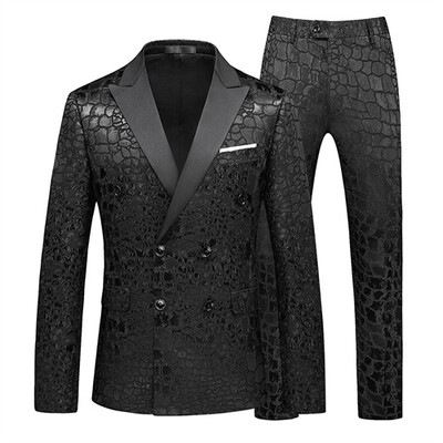 Costum Jacquard Gentleman de ultimă generație Îmbrăcăminte pentru bărbați Roșu Negru Alb Moda de lux pentru bărbați Rochie de nuntă pentru bărbați Blazer și pantaloni slim fit