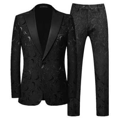Costum Jacquard Gentleman de ultimă generație Îmbrăcăminte pentru bărbați Roșu Negru Alb Moda de lux pentru bărbați Rochie de nuntă pentru bărbați Blazer și pantaloni slim fit