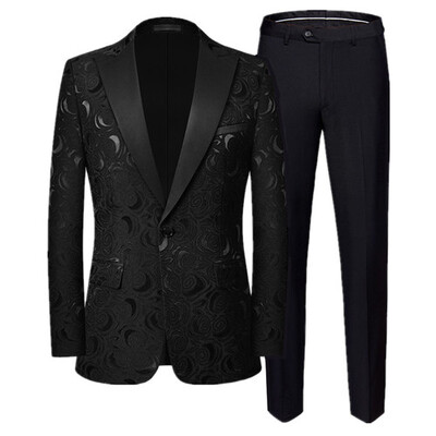 Costum Jacquard Gentleman de ultimă generație Îmbrăcăminte pentru bărbați Roșu Negru Alb Moda de lux pentru bărbați Rochie de nuntă pentru bărbați Blazer și pantaloni slim fit