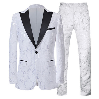 Costum Jacquard Gentleman de ultimă generație Îmbrăcăminte pentru bărbați Roșu Negru Alb Moda de lux pentru bărbați Rochie de nuntă pentru bărbați Blazer și pantaloni slim fit