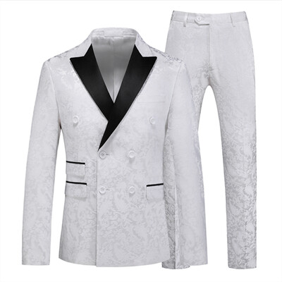 Costum Jacquard Gentleman de ultimă generație Îmbrăcăminte pentru bărbați Roșu Negru Alb Moda de lux pentru bărbați Rochie de nuntă pentru bărbați Blazer și pantaloni slim fit