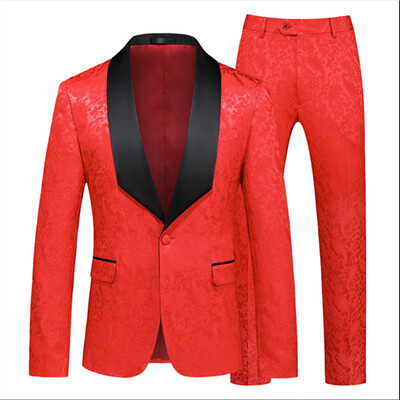 Costum Jacquard Gentleman de ultimă generație Îmbrăcăminte pentru bărbați Roșu Negru Alb Moda de lux pentru bărbați Rochie de nuntă pentru bărbați Blazer și pantaloni slim fit