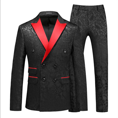 Costum Jacquard Gentleman de ultimă generație Îmbrăcăminte pentru bărbați Roșu Negru Alb Moda de lux pentru bărbați Rochie de nuntă pentru bărbați Blazer și pantaloni slim fit