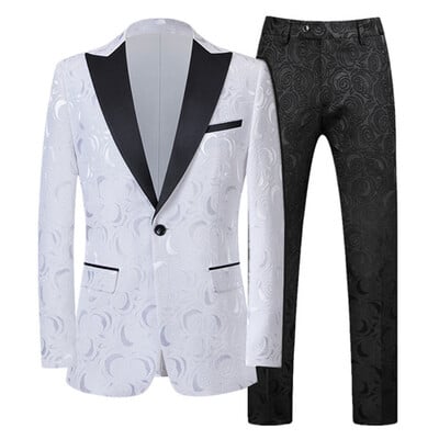 Costum Jacquard Gentleman de ultimă generație Îmbrăcăminte pentru bărbați Roșu Negru Alb Moda de lux pentru bărbați Rochie de nuntă pentru bărbați Blazer și pantaloni slim fit