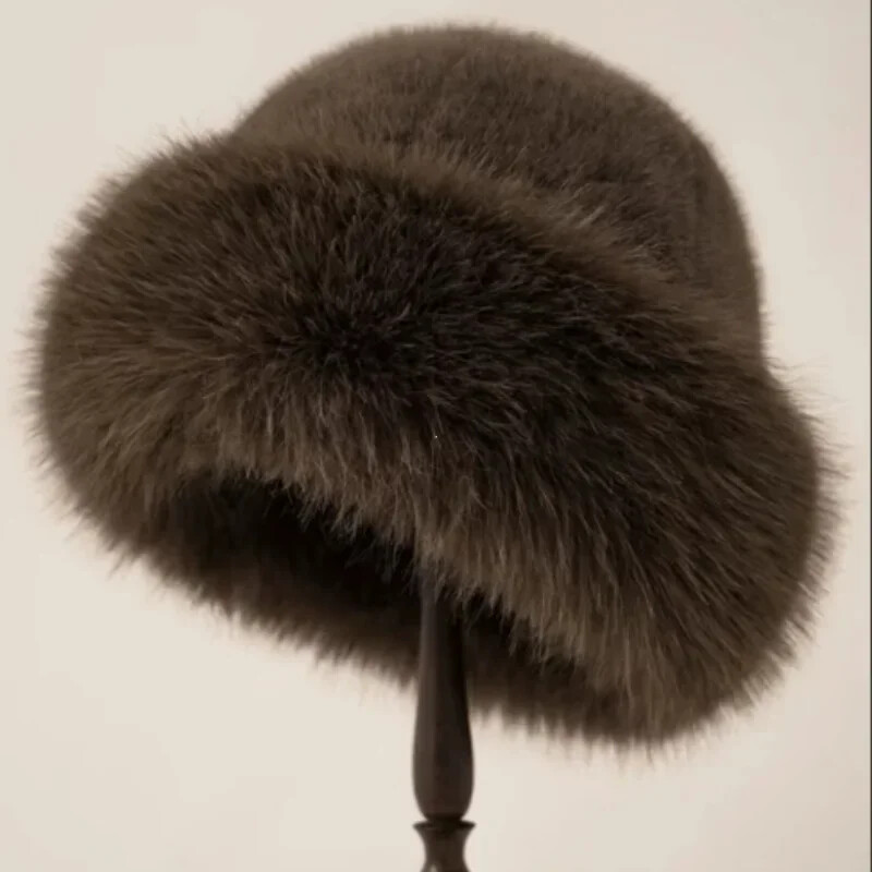 2024 Pălărie mare pufoasă cu găleată din blană artificială pentru femei Pălărie de pescar din pluș de lux Pălărie caldă de iarnă Se îngroașă, în ziua rece, cu zăpadă, șapcă Panama 2024