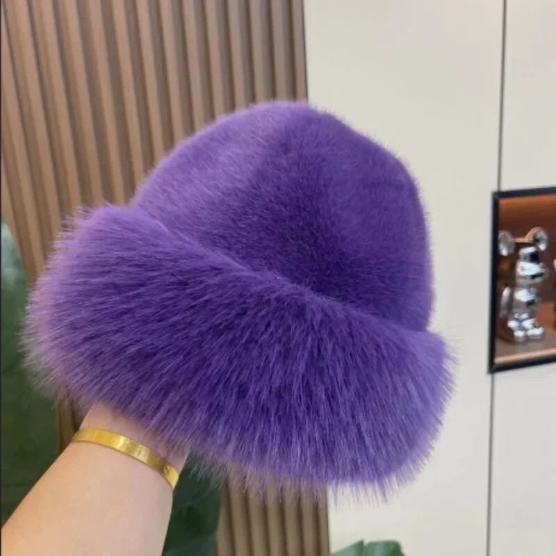 2024 Pălărie mare pufoasă cu găleată din blană artificială pentru femei Pălărie de pescar din pluș de lux Pălărie caldă de iarnă Se îngroașă, în ziua rece, cu zăpadă, șapcă Panama 2024