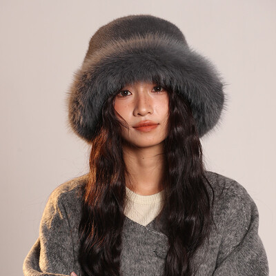 Augstas kvalitātes korejiešu kažokādas imitācijas ūdeles kausa cepure sievietēm ziemas plīša silta vienkrāsaina ausu aizsardzība plakana augšdaļa Panama bob vāciņš