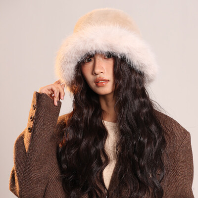 Augstas kvalitātes korejiešu kažokādas imitācijas ūdeles kausa cepure sievietēm ziemas plīša silta vienkrāsaina ausu aizsardzība plakana augšdaļa Panama bob vāciņš