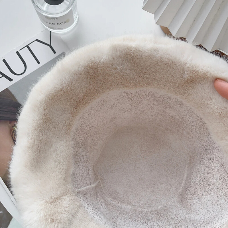 Pălării cu găleată din blană artificială pufoase de iarnă pentru femei Pălărie de pescar din pluș de lux Pălărie caldă de iarnă Se îngroașă Ziua rece cu zăpadă șapcă Panama Bonita