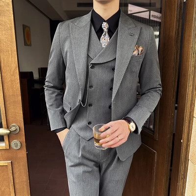 (Jachete+Pantaloni+Vest) Bărbați de înaltă calitate Slim Fit Party Tuxedos 3 piese Moda Vestă la două piept Design Costum social de nuntă