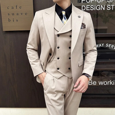 (Jachete+Pantaloni+Vest) Bărbați de înaltă calitate Slim Fit Party Tuxedos 3 piese Moda Vestă la două piept Design Costum social de nuntă