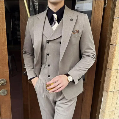 (Jachete+Pantaloni+Vest) Bărbați de înaltă calitate Slim Fit Party Tuxedos 3 piese Moda Vestă la două piept Design Costum social de nuntă