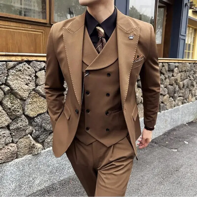 (Jachete+Pantaloni+Vest) Bărbați de înaltă calitate Slim Fit Party Tuxedos 3 piese Moda Vestă la două piept Design Costum social de nuntă
