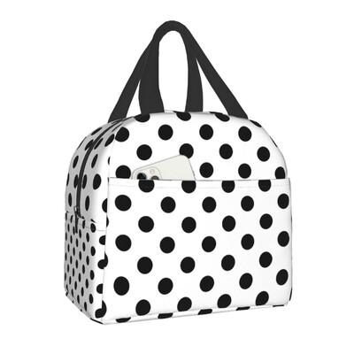Geantă de prânz cu buline alb-negru pentru femei, termoizolatoare portabilă, cutie de prânz, cutie de prânz pentru muncă, școală, saci de picnic de călătorie