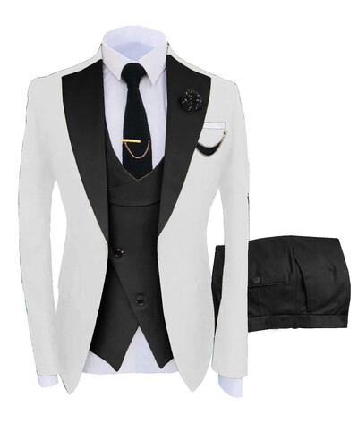 Costum bărbătesc 3 bucăți, rever, slim fit, smoking ocazional, croitorie de mire (blazer+pantaloni+vestă) set complet Costum elegant pentru bărbați