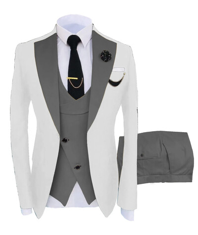 Costum bărbătesc 3 bucăți, rever, slim fit, smoking ocazional, croitorie de mire (blazer+pantaloni+vestă) set complet Costum elegant pentru bărbați