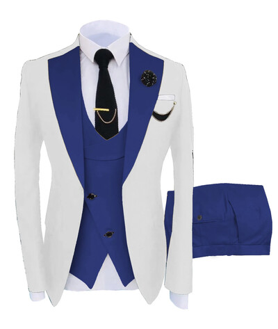 Costum bărbătesc 3 bucăți, rever, slim fit, smoking ocazional, croitorie de mire (blazer+pantaloni+vestă) set complet Costum elegant pentru bărbați