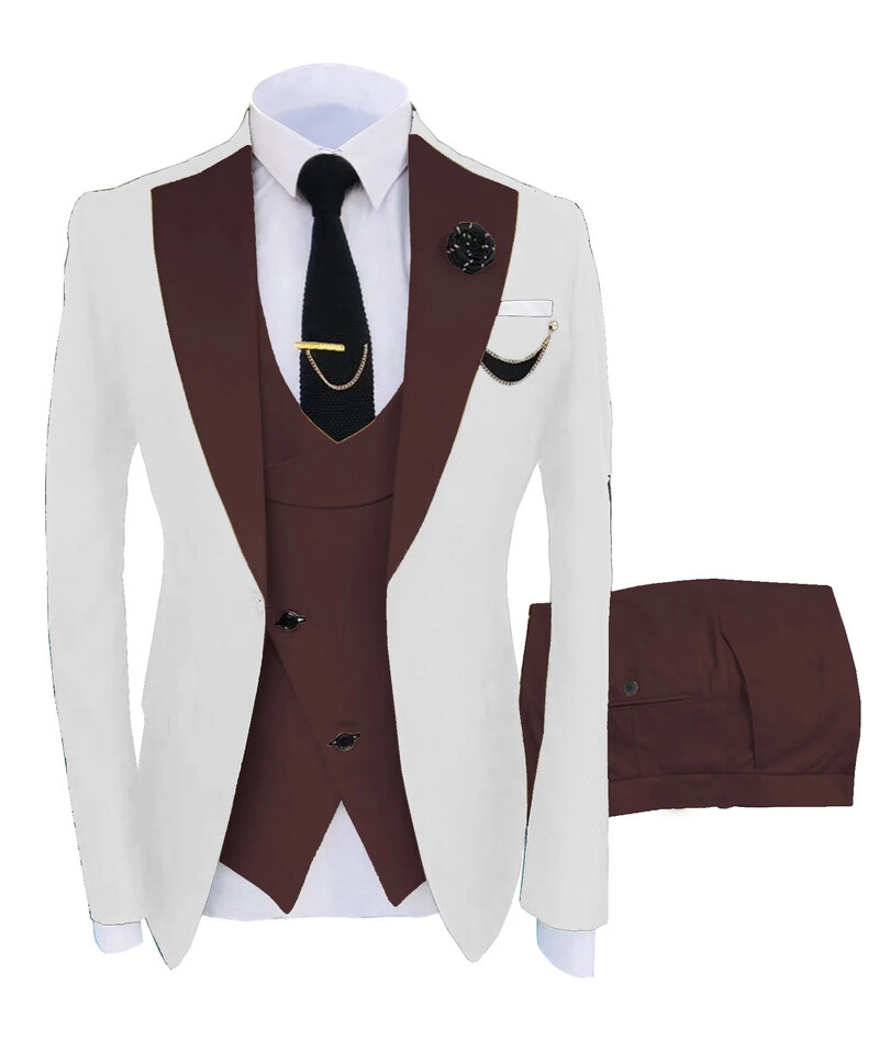 Costum bărbătesc 3 bucăți, rever, slim fit, smoking ocazional, croitorie de mire (blazer+pantaloni+vestă) set complet Costum elegant pentru bărbați