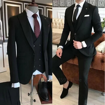 Зелени мъжки костюми от 3 части за младоженеца 2023 Slim Fit Peak Rever Wedding Tuxedo Terno Masculino (сако+панталон+жилетка+вратовръзка）