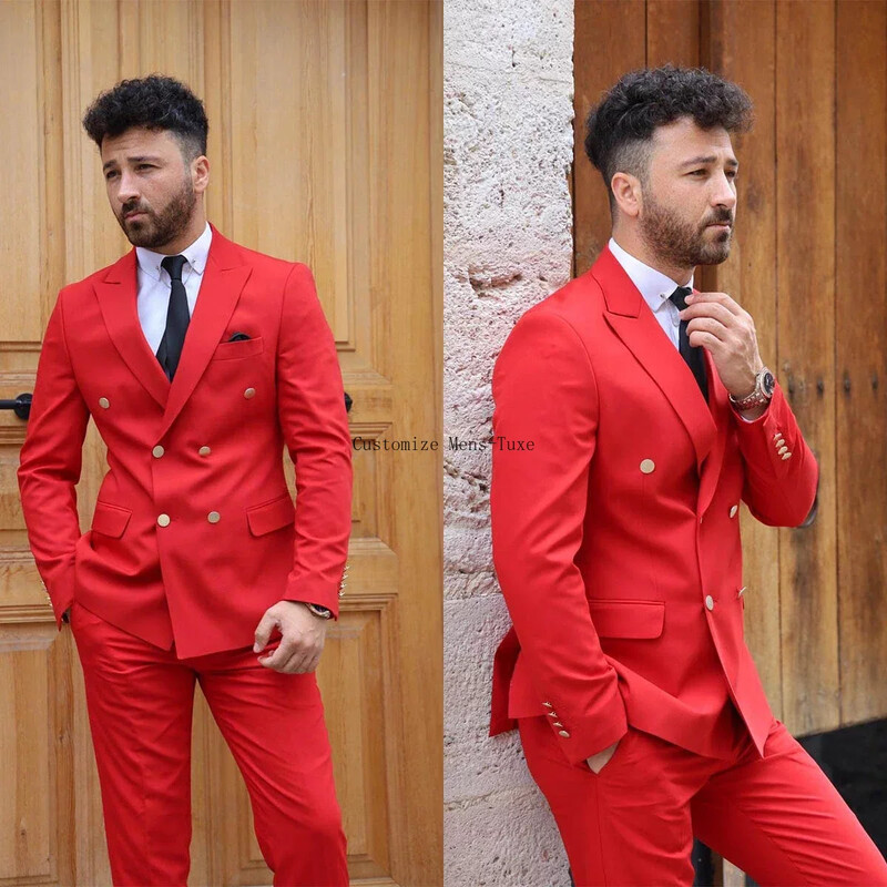 Formal roșu dublu slim fit costume pentru bărbați ocazional bal petrecere de seară stil englezesc 2 piese jachetă pantaloni set blazer