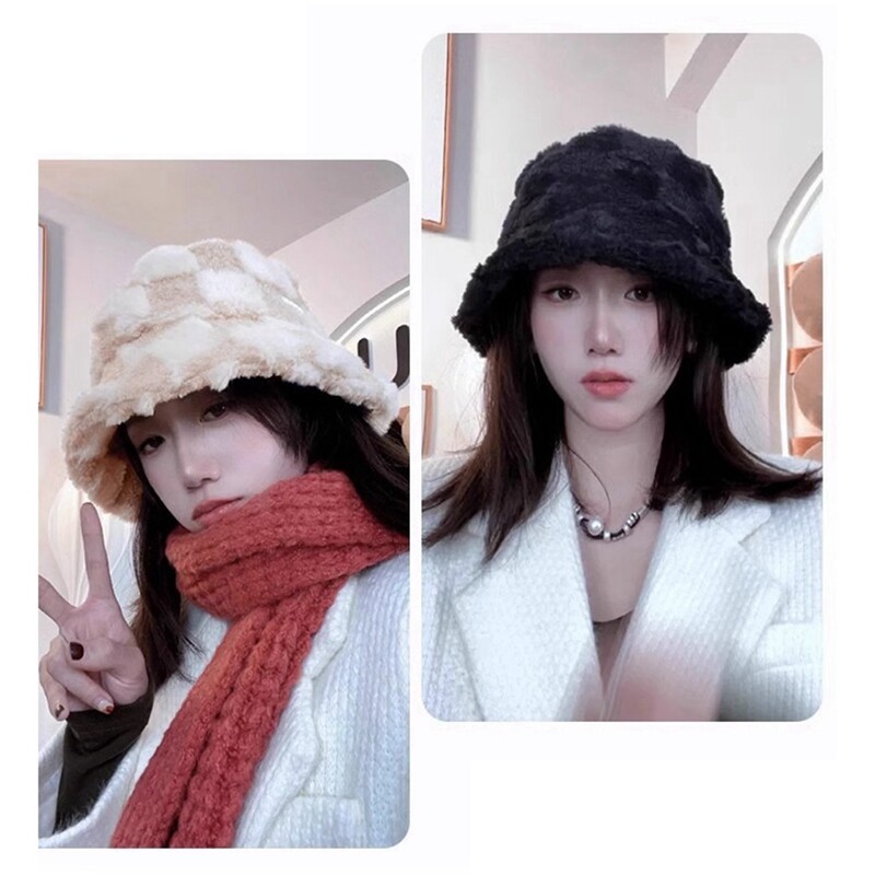 Pălărie cu găleată în carouri Pălărie cu găleată ajustabilă de pluș Pălărie cu blană caldă de pescar pentru bărbați și femei pentru iarnă și primăvară