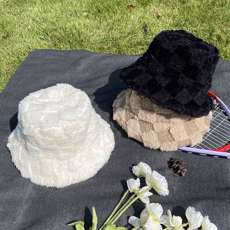 Pălărie cu găleată în carouri Pălărie cu găleată ajustabilă de pluș Pălărie cu blană caldă de pescar pentru bărbați și femei pentru iarnă și primăvară