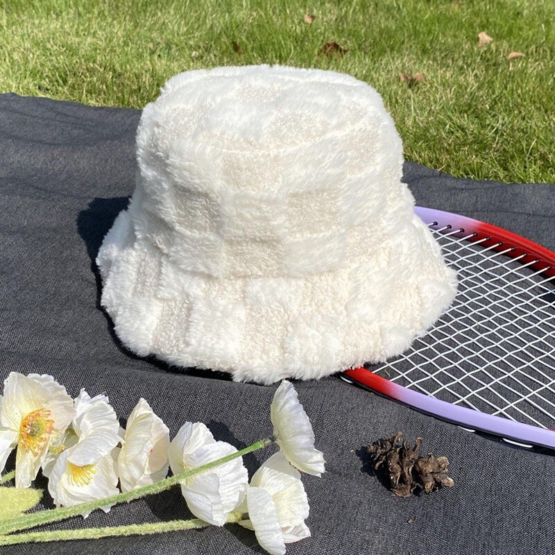 Pălărie cu găleată în carouri Pălărie cu găleată ajustabilă de pluș Pălărie cu blană caldă de pescar pentru bărbați și femei pentru iarnă și primăvară