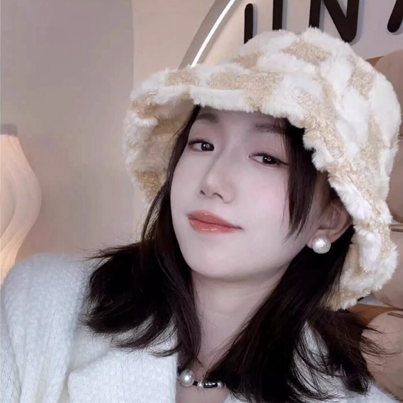 Pălărie cu găleată în carouri Pălărie cu găleată ajustabilă de pluș Pălărie cu blană caldă de pescar pentru bărbați și femei pentru iarnă și primăvară