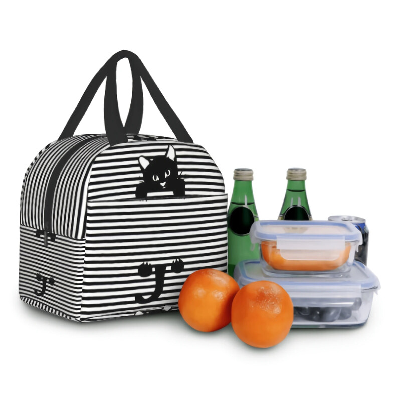 Geantă termică de prânz cu pisică neagră drăguță, cutie de prânz cu dungi alb-negru pentru copii, geantă de călătorie portabilă, reutilizabilă, pentru picnic