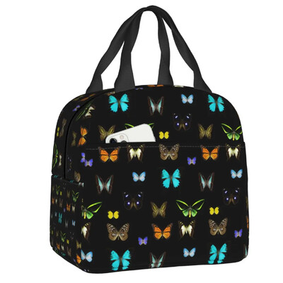 Saci de prânz izolate cu buline cu fluturi albaștri pentru femei, răcitor termic cu fluture, cutie de prânz, cutie de prânz în aer liber, camping, călătorie