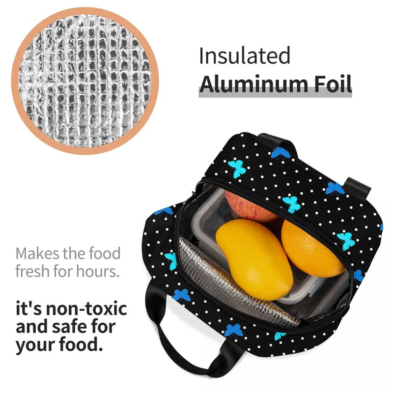 Saci de prânz izolate cu buline cu fluturi albaștri pentru femei, răcitor termic cu fluture, cutie de prânz, cutie de prânz în aer liber, camping, călătorie