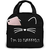 Geantă de prânz cu pisică neagră pentru femei Cutie de prânz izolată cu buzunar frontal pentru muncă Geantă frigorifică reutilizabilă pentru picnic de birou și școală