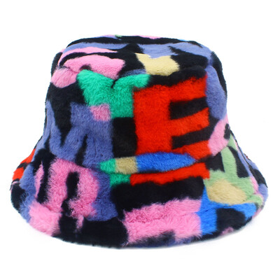 Pălărie cu găleți pentru femei, cu blană artificială, pufoasă, iarnă, pălării calde, litere, colorate, pălării cu găleată de lux, tip hiphop, șapci de pescuit, suflantă