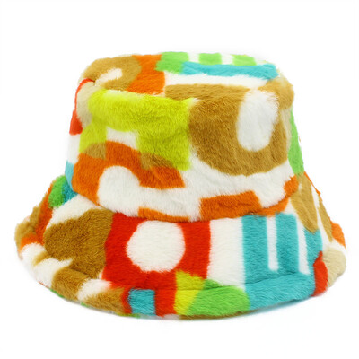 Pălărie cu găleți pentru femei, cu blană artificială, pufoasă, iarnă, pălării calde, litere, colorate, pălării cu găleată de lux, tip hiphop, șapci de pescuit, suflantă