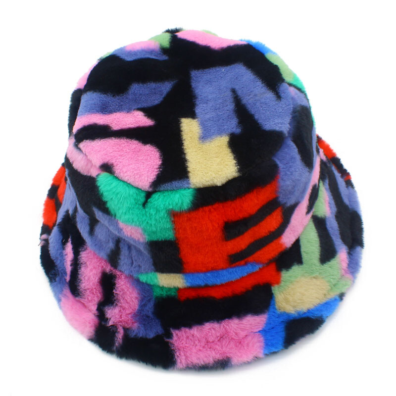 Pălărie cu găleți pentru femei, cu blană artificială, pufoasă, iarnă, pălării calde, litere, colorate, pălării cu găleată de lux, tip hiphop, șapci de pescuit, suflantă
