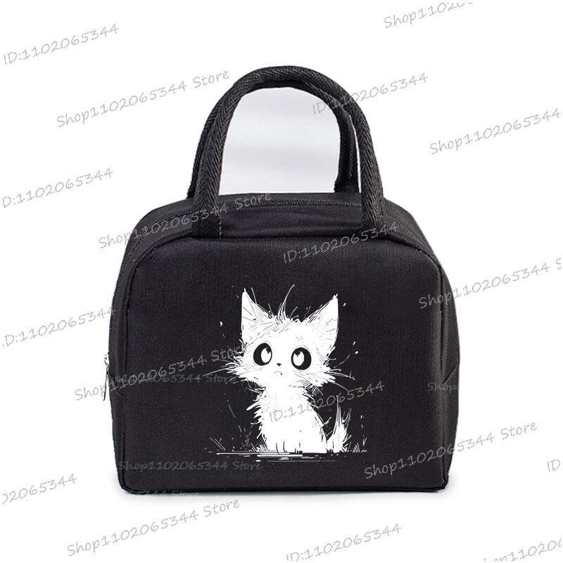 Comic Cat Print Pusdienu soma Vīriešu un sieviešu multfilma Kaķēnu stila grafika Bento termiskās rokassomas sabiezināta izolācijas pusdienu kastes soma