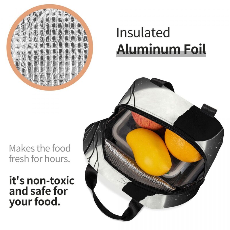 Geantă de prânz izolată cu pisică neagră care se uită la luna plină pentru femei, cutie de bento portabilă, cu desene animate cu animale