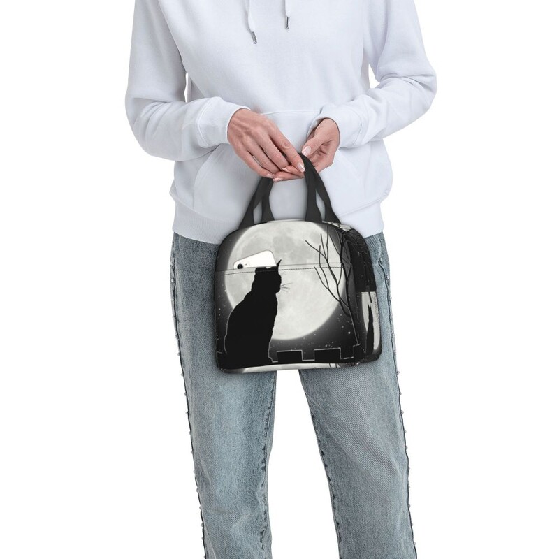 Geantă de prânz izolată cu pisică neagră care se uită la luna plină pentru femei, cutie de bento portabilă, cu desene animate cu animale