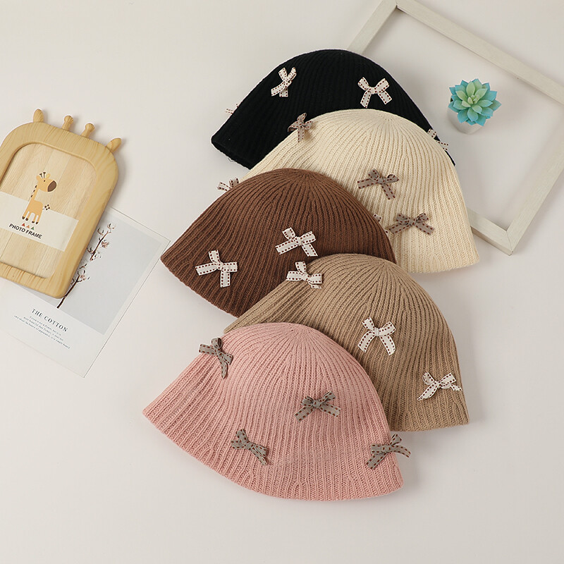 Pălării de iarnă pentru copii Pălărie de găleată din lână cu fundă Pălărie de pescar tricotată caldă pentru fete Elegantă, versatilă, ocazională Pălărie de bazin roz Panama