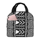 Saci de prânz cu model tribal african bogolan alb și negru, cutie de prânz izolată, saci de picnic, geantă termică.