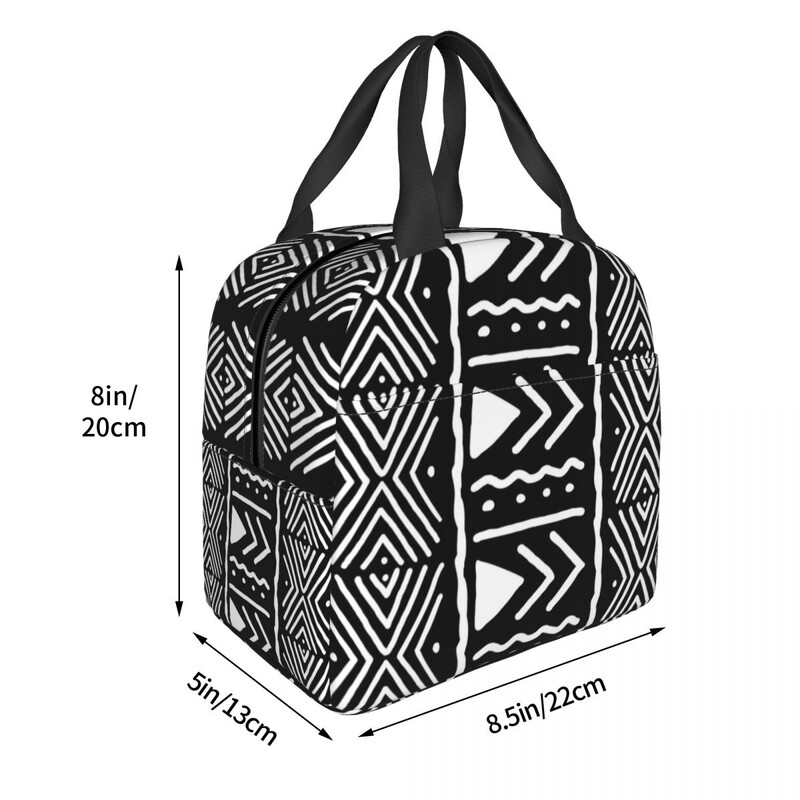 Saci de prânz cu model tribal african bogolan alb și negru, cutie de prânz izolată, saci de picnic, geantă termică.