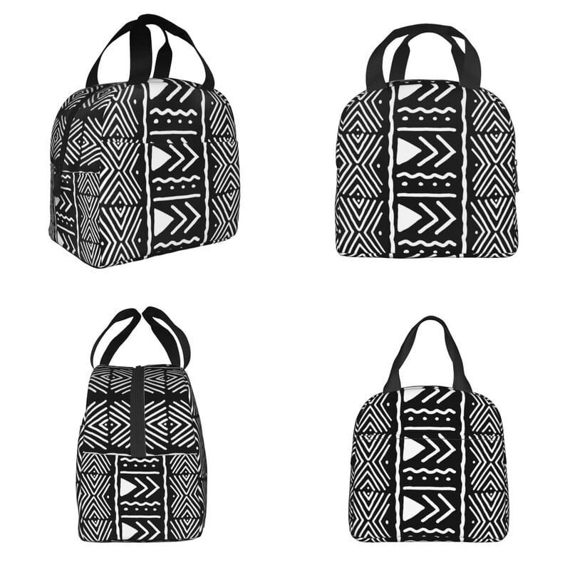 Saci de prânz cu model tribal african bogolan alb și negru, cutie de prânz izolată, saci de picnic, geantă termică.
