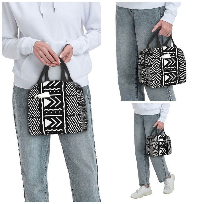 Saci de prânz cu model tribal african bogolan alb și negru, cutie de prânz izolată, saci de picnic, geantă termică.