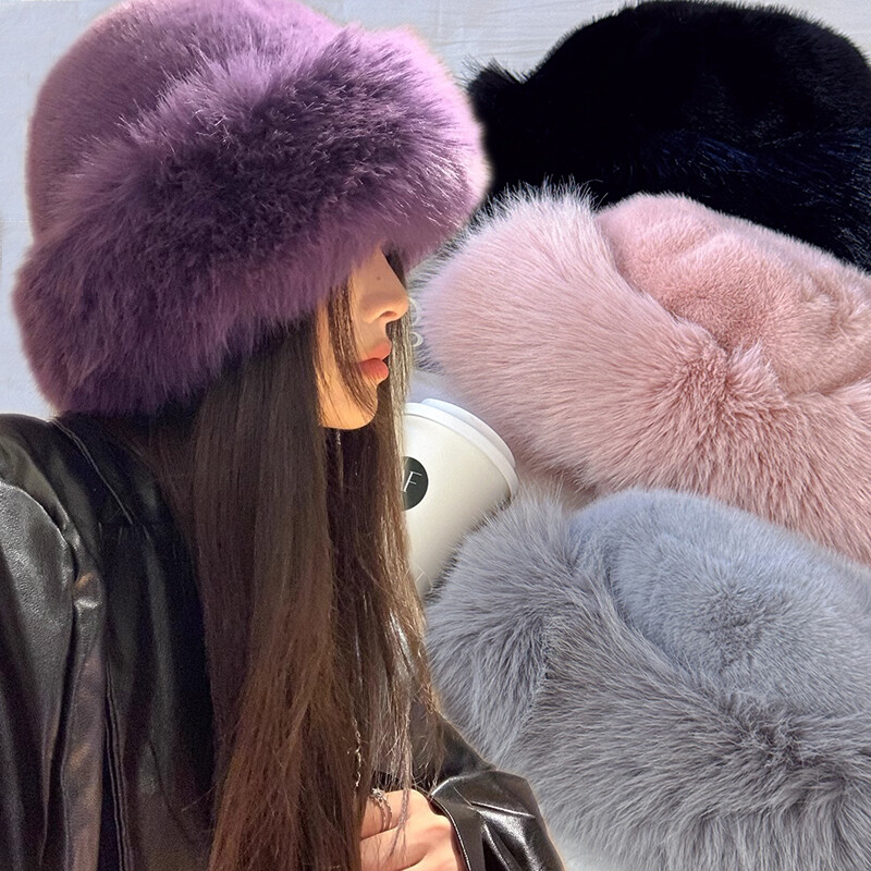 2024 Pălării pufoase cu găleată din blană artificială, femei, blană de iepure, căldură groasă, din pluș, pălărie de iarnă, moda doamnă, șapcă de pescar cu blană de lux Panama Y2k