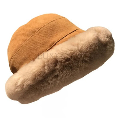 Pălărie cu găleată din blană de iepure artificială pentru femei de iarnă, dulce, caldă, plus, catifea, moale, pălărie Panama, doamnă, ciclism în aer liber, pescar, șapcă casual