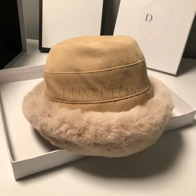 Pălărie cu găleată din blană de iepure artificială pentru femei de iarnă, dulce, caldă, plus, catifea, moale, pălărie Panama, doamnă, ciclism în aer liber, pescar, șapcă casual