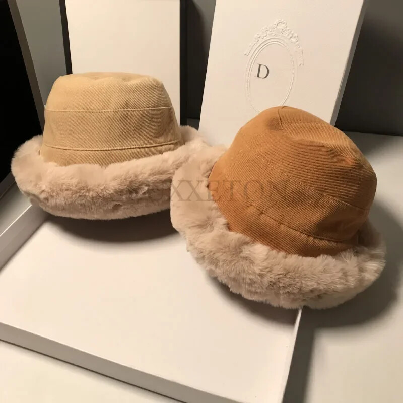 Pălărie cu găleată din blană de iepure artificială pentru femei de iarnă, dulce, caldă, plus, catifea, moale, pălărie Panama, doamnă, ciclism în aer liber, pescar, șapcă casual