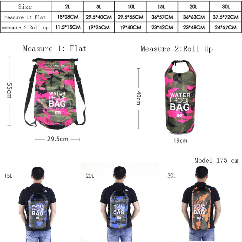 30L 20L 15L Geantă uscată impermeabilă în aer liber Camuflaj Portabil Rafting Marină Scufundări Geantă de înot Sac acoperit cu PVC pentru Trekking pe râu