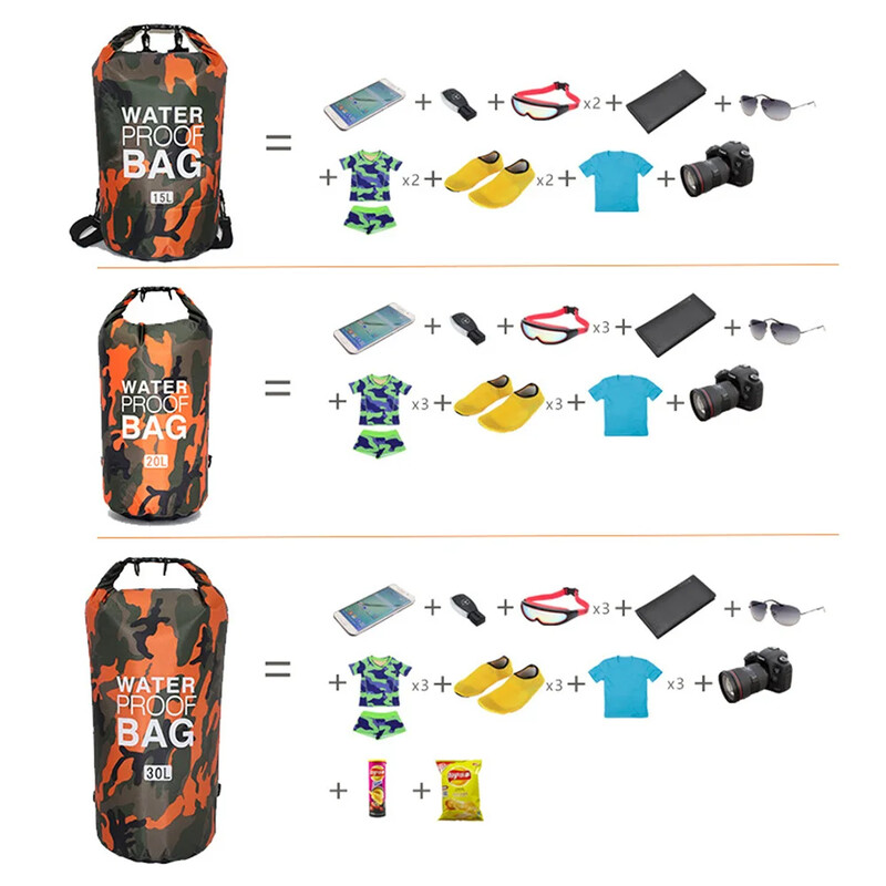 30L 20L 15L Geantă uscată impermeabilă în aer liber Camuflaj Portabil Rafting Marină Scufundări Geantă de înot Sac acoperit cu PVC pentru Trekking pe râu